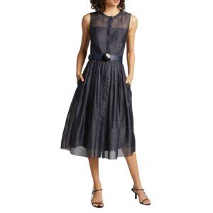 NWT Akris Punto Pin Dot Midi Dress Womens 4 Navy Blue Black Sleeveless Silk NEW